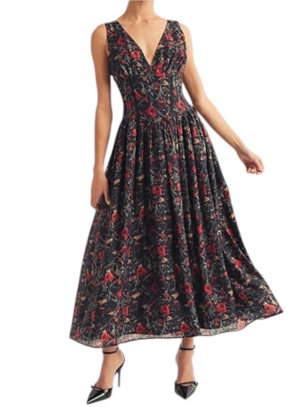 ARose Studio floral V-Neck Maxi Dress in Black with Red Floral Print NWT